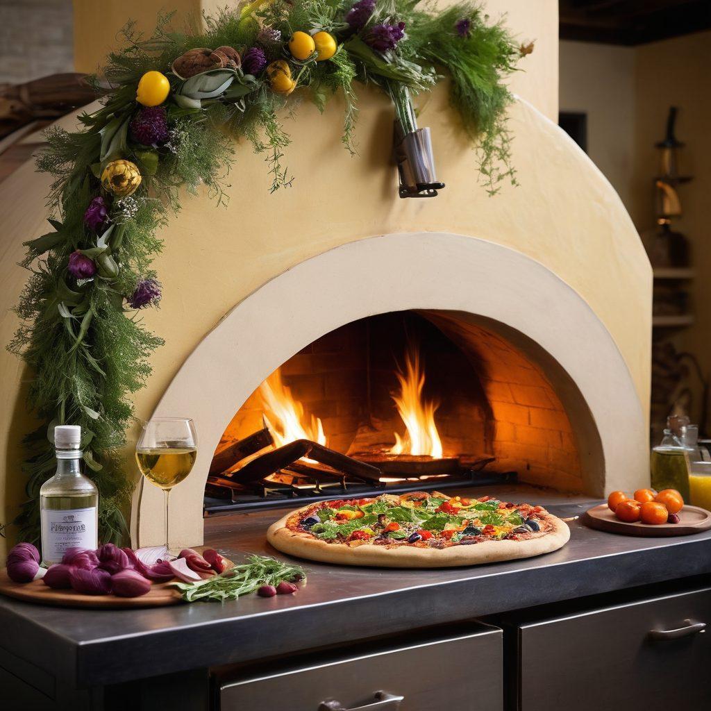 A vibrant and colorful kitchen scene showcasing a wood-fired pizza oven, with a chef skillfully stretching dough. Surrounding the chef are an array of unique toppings like artichokes, truffle oil, and exotic cheeses. The setting is lively, with twinkling fairy lights and herbs hanging, creating a warm atmosphere ideal for crafting pizzas. Include rich textures and details to emphasize the ingredients. super-realistic. vibrant colors. cozy atmosphere.