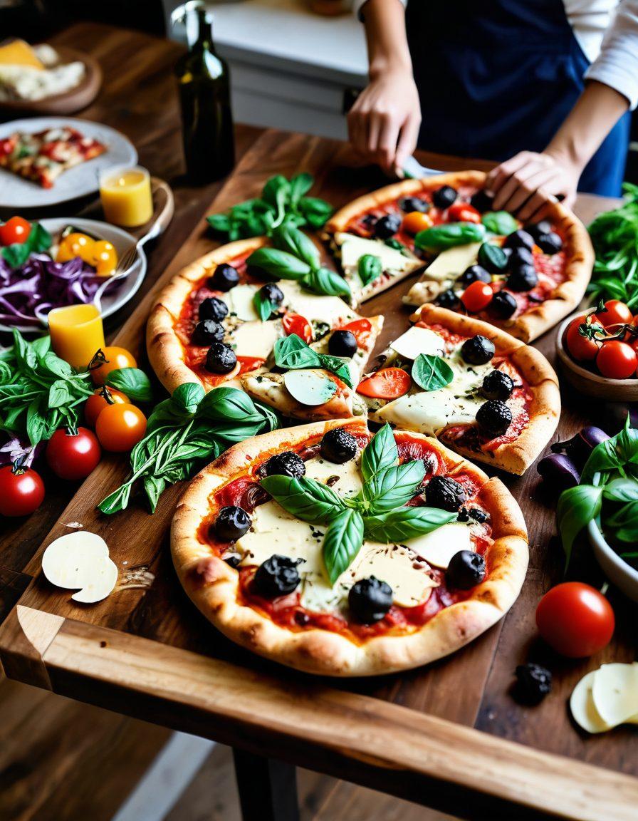 A rustic wooden table covered with an array of gourmet pizzas, each featuring vibrant and unique toppings like fresh basil, truffle oil, and colorful vegetables. In the background, a sunny kitchen with herbs in pots and baking tools scattered about. An inviting pizza slice being lifted with a spatula, cheese stretching deliciously. A warm, inviting atmosphere that evokes the essence of home-cooked meals. super-realistic. vibrant colors. cozy kitchen setting.